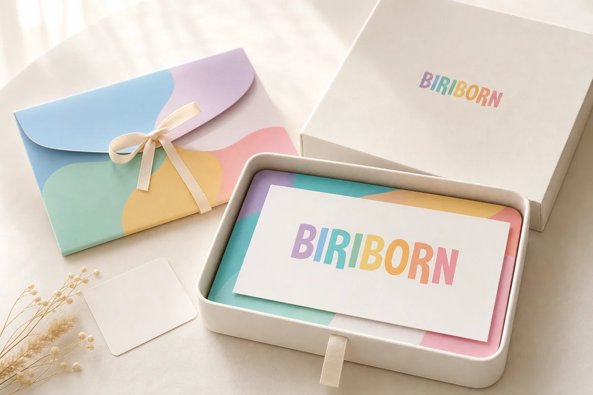 Concept del futuro Gift Kit BiriBorn con cofanetto, busta e card