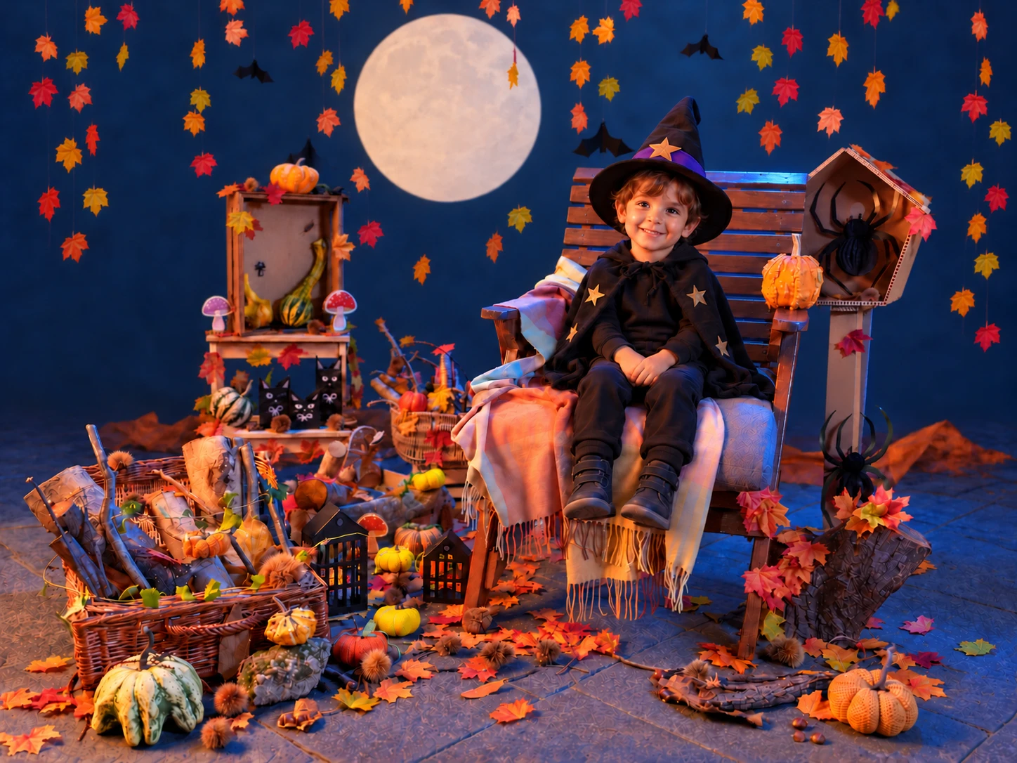 Anteprima del set Halloween 2026 con un piccolo mago sulla poltrona, tra luna, foglie e zucche
