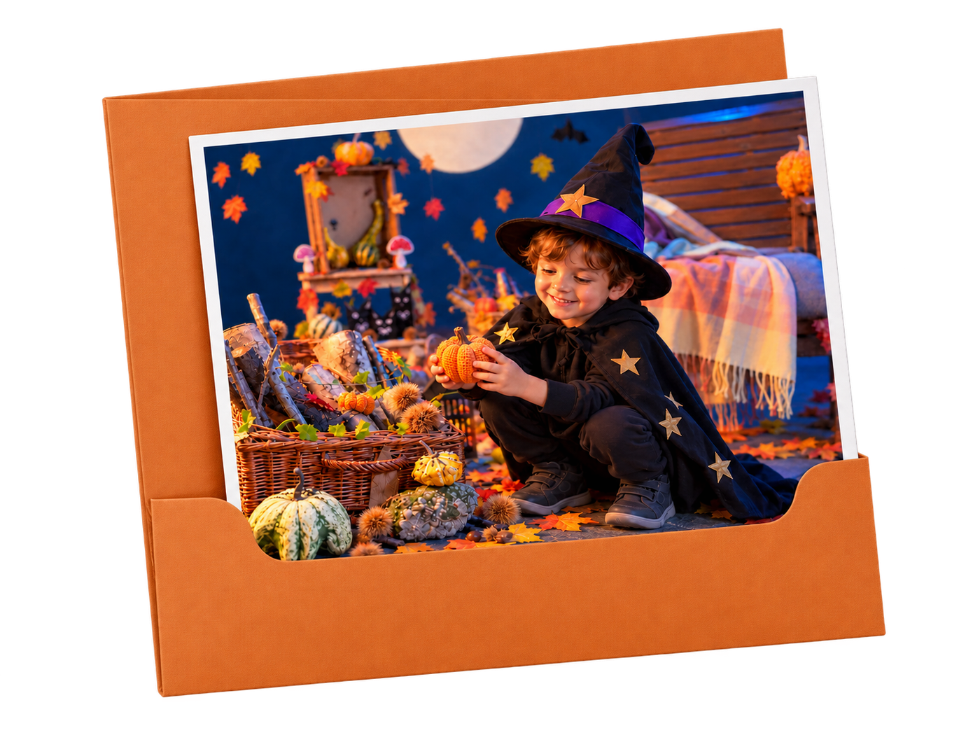 Mock-up di una fotografia Halloween stampata, presentata in una cartellina arancione zucca